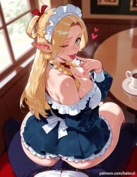 1boy ai_generated ass balecxi bare_shoulders blonde_hair braid bulge cleavage cup delicious_in_dungeon dungeon_meshi elf erection erection_under_clothes female frilled_dress green_eyes heart indoors large_breasts long_hair looking_at_viewer looking_back maid maid_headdress marcille_donato off_shoulder one_eye_closed patreon_username pointy_ears short_dress sitting_on_person smile solo_focus straight tongue tongue_out window