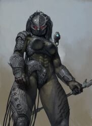 1girls abs athletic athletic_female below_view looking_at_viewer olegbulakh_art predator_(franchise) yautja