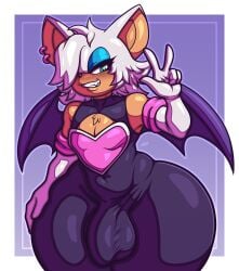 absurd_res anthro ass bat bedroom_eyes big_bulge big_butt breasts bulge chest_cleavage clothing dhx2kartz ear_piercing ear_ring femboy feminization flat_chested fluffy fluffy_chest genderswap genderswap_(ftm) gesture gloves grin hair hair_over_eye half-closed_eyes hand_gesture hand_on_hip handwear hi_res huge_butt huge_hips invalid_tag latex latex_clothing latex_suit looking_at_viewer male male_rouge mammal narrowed_eyes piercing presenting ring_piercing rouge_the_bat rule_63 seductive sega sissified small_breasts smile sonic_(series) sonic_the_hedgehog_(series) thick_thighs thighs tight_clothing v_sign wide_hips