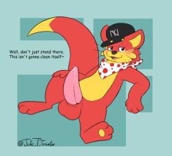 anthro balls blush bodily_fluids clothing digital_media_(artwork) erection genitals hat headgear headwear hi_res jake_the_traveler looking_at_viewer male mammal mustelid open_mouth otter penis presenting presenting_penis simple_background smile solo text whiskers