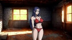 arms_behind_back blue_eyes blue_hair bra breasts brick_wall cameltoe cg cleavage closed_mouth collarbone covered_nipples cowboy_shot female glasses indoors irelia_xan large_breasts league_of_legends long_hair looking_at_viewer lust_in_runeterra navel official_art panties parody red_bra red_panties solo standing sunlight underwear underwear_only window wooden_floor