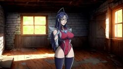 armor arms_behind_back bare_shoulders black_thighhighs blue_eyes blue_hair breasts brick_wall cg covered_navel covered_nipples cowboy_shot elbow_gloves female forehead_protector gloves highleg highleg_leotard indoors irelia_xan large_breasts league_of_legends leotard long_hair looking_at_viewer lust_in_runeterra official_art parody pauldrons purple_hair red_leotard shoulder_armor smile solo standing sunlight thighhighs window wooden_floor