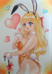 absurd_res alluring animal_ears ass big_breasts bishoujo_senshi_sailor_moon blonde_hair blue_eyes blush bow breasts colored_pencil_(medium) detached_collar fake_animal_ears female hairbow heart high_res leotard looking_at_viewer minako_aino minorinoo_ekaki_tadaima_fuoroba_100 open_mouth playboy_bunny rabbit_ears rabbit_tail smile tail thong_leotard traditional_media wrist_cuffs