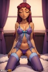 1girls ai_generated artist_name ass_visible_through_thighs babydoll bare_shoulders boomerang_(tv_network) bow breasts cameltoe cartoon_network closed_eyes collarbone covered_nipples curtains dc dc_comics facing_viewer female freckles garter_belt garter_straps green_eyes hi_res indoors kneeling koriand'r lingerie long_hair medium_breasts mole navel nipples orange_skin panties parted_lips purple_panties purple_thighhighs red_hair rule34lab see-through solo starfire superhero superheroine teen_titans thighhighs underwear warner_brothers window