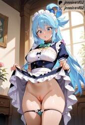 :o ai_generated alternate_costume apron aqua_(konosuba) bangs bare_shoulders black_clothes black_panties black_underwear blue_dress blue_eyes blue_hair blue_panties blush bow bowtie breasts cleavage cleft_of_venus clothes_lift clothes_pull clothing curtains dress dress_lift dress_pull enmaided eyebrows female female female_only flower frilled_dress frills hair_between_eyes hair_ornament hair_rings headdress headwear indoors jennieart02 kono_subarashii_sekai_ni_shukufuku_wo! large_breasts legwear lifted_by_self light-skinned_female long_hair long_sleeves looking_at_viewer maid maid_headdress medium_breasts navel nipples nopan open_mouth panties pantsu panty_pull parted_lips patreon patreon_logo patreon_username puffy_short_sleeves puffy_sleeves pussy pussy_juice shirt short_sleeves sidelocks single_hair_ring skindentation skirt skirt_lift skirt_pull solo standing sweat thighhighs thighs twitter twitter_username underwear underwear_pull uniform vagina watermark white_apron window