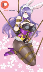 arms_behind_back black_gloves bondage bound bound_ankles bound_arms bound_legs bound_torso breasts bunny_ears bunny_girl camilla_(fire_emblem) camilla_(spring)_(fire_emblem) cleavage crotch_rope female femsub fire_emblem fire_emblem_fates fire_emblem_heroes flowers gag gagged high_heels large_breasts long_hair nipple_vibrator pantyhose purple_eyes purple_hair rope rope_bondage ryner-e solo suspended suspension suspension_bondage tape tape_gag taped_mouth tied_up vibrator vibrator_taped_to_pussy white_tape