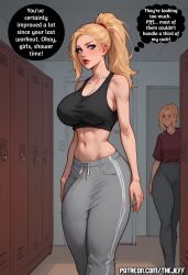 1futa ai_generated blonde_hair blue_eyes bulge_through_clothing dickgirl dressed futanari huge_cock large_penis locker_room long_penis ponytail red_lipstick story_at_source story_in_description tagme text text_bubble the_jeff twitter_link
