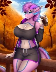 5_fingers absurd_res almond_deer anthro autumn autumn_leaves belly beverage big_breasts biped black_bottomwear black_bra black_clothing black_jacket black_shorts black_topwear black_underwear blue_body blue_claws blue_eyes blue_fur blue_hair blue_horn blue_sclera blue_sky bottomwear bra breasts claws clothed clothed_anthro clothed_female clothing cloud coffee coffee_cup container cup curved_horn dipstick_ears ear_markings female female_anthro fence finger_claws fingers forest forest_background fur hair hi_res holding_coffee_cup holding_container holding_cup holding_object horn huge_breasts jacket krystal_(darkmaster781) leaning_on_fence lips mature_female multicolored_ears nature nature_background nipples one_shoulder_out orange_leaves pink_arms pink_body pink_ears pink_fur pink_hair pink_horn pink_inner_ear pink_legs pink_lips plant puffy_nipples pupils purple_clothing purple_horn purple_jacket purple_topwear shorts shoulder_strap sky sleeves slit_pupils solo tail_hair tail_mane teeth topwear tree underwear white_belly white_body white_breasts white_ear_tips white_fur white_hands wickerbeast wood wood_fence