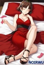 ai_generated closed_eyes closed_mouth condom_wrapper feet high_heels lying_on_bed makoto_niijima noirwu persona_5 red_dress toes