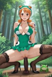 ai_generated ass black_socks breasts dildo dildo_in_pussy dirty female forest forest_background frog frog_girl happy happy_sex heels high_heels lace-trimmed_socks lace-trimmed_thighhighs nami_(one_piece) one_piece orange_hair pussy pussy_juice pussy_juice_drip socks socks_and_heels solo solo_female stockings swamp thigh_socks thighhighs