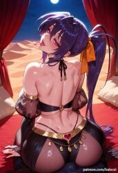 1boy ai_generated akeno_himejima ass back balecxi bare_shoulders black_hair breasts bulge erection female from_behind hair_ribbon heart high_school_dxd large_breasts long_hair looking_at_viewer looking_back male open_mouth ponytail purple_eyes straight tongue tongue_out