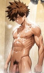 1boy bathing bathroom boku_no_hero_academia boy brown_eyes brown_hair flaccid flaccid_penis fubukid(oc) my_hero_academia oc original_character penis ribs short_hair shower shower_room showering spiked_hair steam thin water white_penis yukio0o