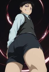 1boy ass big_ass black_hair evil_smile focus_on_ass from_below fullmetal_alchemist_brotherhood homunculus open_legs pride_(fullmetal_alchemist) purple_eyes room short_hair shorts solo thighs
