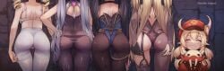 5girls absurdres ass ass_focus ass_support barbara_(genshin_impact) black_gloves black_hair blonde_hair blush bodysuit bra breasts cameltoe closed_eyes commentary_request copyright_name facing_away facing_viewer fischl_(genshin_impact) from_behind genshin_impact gloves grin hands_on_own_ass hat head_out_of_frame highres holding keqing_(genshin_impact) klee_(genshin_impact) long_hair mona_(genshin_impact) multiple_girls panties panties_under_pantyhose pants pantyhose pointy_ears red_headwear revision smile stone_wall take_your_pick teeth thigh_gap torriet twintails underwear wall white_bra white_pants