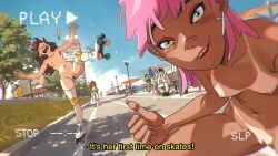 3girls ass breasts female nude olya_(sibi_artist) public_nudity pussy roller_skates sibi_(sibi_artist) sibi_artist tanline