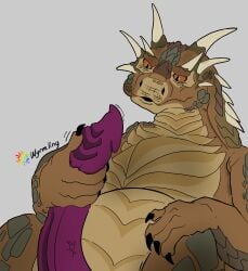 absurd_res animal_genitalia animal_penis belly bodily_fluids brown_body claws digital_drawing_(artwork) digital_media_(artwork) draco_(dragonheart) dragon dragonheart erection european_mythology feral genital_fluids genitals hi_res holding_penis horn leaking_precum male masturbation multicolored_body mythological_creature mythological_scalie mythology orange_eyes penile penile_masturbation penis precum reptile ridged_penis scales scalie scuted_arms scutes segmented_body signature simple_background solo two_tone_body universal_studios western_dragon wyrmling_(artist)
