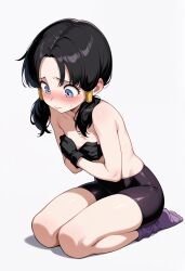 videl black_hair light_skin light-skinned_female blue_eyes blush black_shorts bike_shorts purple_socks topless covering_breasts covered_nipples embarrassed shy blank_background seiza