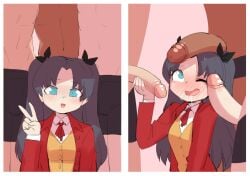 3boys black_hair blue_eyes blush blush borvar bulge bulge_through_clothing dark-skinned_male dark_skin drooling fate/stay_night fate/zero fate_(series) female gangbang hair_ribbon handjob highres imminent_penetration interracial looking_at_viewer multiple_boys nervous nervous_smile open_mouth peace_sign penis penis_awe penis_on_face penis_on_head ribbon school_uniform straight sweat tohsaka_rin twintails v