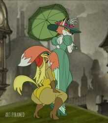 2_girls anthro big_ass boots crossover cuphead:_the_delicious_last_course cuphead_(game) dress_lift eating_ass female fox fox_girl fox_tail furry gloves hat june_way leg_lift looking_back nose_to_anus pilot_saluki_(cuphead) pyramid_(artist) raised_tail rimming_female surprised surprised_expression tail umbrella unicorn:_warriors_eternal yuri