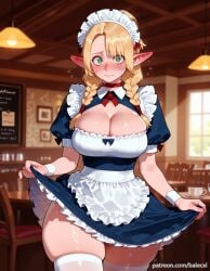 ai_generated apron balecxi blonde_hair blurry blurry_background blush braid cafe choker cleavage clothes_lift delicious_in_dungeon dress dungeon_meshi elf female green_eyes indoors large_breasts long_hair looking_at_viewer maid maid_headdress marcille_donato pointy_ears puffy_short_sleeves short_sleeves skindentation solo thighs twin_braids white_thighhighs