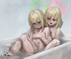 2girls a_tea bath bathtub blue_archive midori_(blue_archive) momoi_(blue_archive) rope_marks siblings tears young