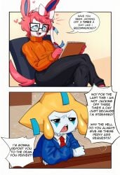 absurd_res ai_generated anthro black_bottomwear black_pants blue_eyes bodily_fluids bottomwear chair clothed clothing comic desk dialogue digital_media_(artwork) duo eeveelution english_text eyewear female fur furniture generation_4_pokemon generation_6_pokemon glasses hair heart hellsonger hi_res jirachi legendary_pokemon male mammal necktie nintendo office_chair open_mouth pants pokemon pokemon_(species) pokemorph red_hair sitting speech_bubble sweat sweater sylveon table tears text topwear turtleneck writing_utensil