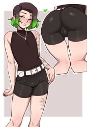 1boy ass ass_focus belt blush bulge bulge_through_clothing clothed cross_necklace dross emerald_(dross) femboy green_eyes green_hair heart jewels_(dross) light_skin light_skinned_male male male_only nail_polish piercing smile tattoo thighs
