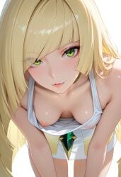 aether_foundation ai_generated areolae armpit_crease blonde_hair collarbone down_blouse eye_visible_through_hair eyebrows_visible_through_hair green_eyes hair_over_one_eye hanging_breasts illustrious_(stable_diffusion) leaning_forward long_hair looking_at_viewer lusamine_(pokemon) milf nipples pokemon pokemon_character pokemon_sm self_upload small_breasts stable_diffusion thigh_gap thighs wardrobe_malfunction