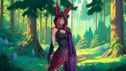 animal_ears bare_shoulders breasts bush cape cg cleavage closed_eyes cosplay day ears_through_headwear facial_mark facing_viewer female flower forest grass hood hood_up large_breasts league_of_legends long_hair lust_in_runeterra makeup medium_breasts nature official_art outdoors parody plant rabbit_ears red_hair red_skirt scenery skirt solo standing tail teeth tree weapon xayah