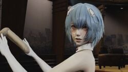 16:9 16:9_aspect_ratio 1boy1girl 1girl1boy 3d back blue_hair blush blush cum cum_on_face facial female_focus gloves indoors looking_at_viewer looking_pleasured medium_hair neon_genesis_evangelion penis penis_tip rei_ayanami semen semen_on_face shoulders transparent_male white_gloves