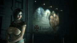 1girls 3d billboard claire_redfield female game_screenshot large_breasts mod nude_mod raining resident_evil resident_evil_2_remake solo