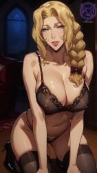 ai_generated blonde_hair blue_eyes bra braid castlevania castlevania_(netflix) curvy curvy_figure earrings female female_only hairband high_heels kneeling lace large_breasts lingerie lisa_tepes makeup mature_female milf on_knees panties pubic_hair raiven skindentation stockings thick_thighs thong wide_hips