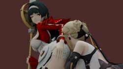 3d 3d_(artwork) astra_yao blender blender_eevee cunnilingus_through_clothes evelyn_chevalier face_in_ass grabbing_own_ass hoyoverse no_ai pink_eyes red_background zenless_zone_zero