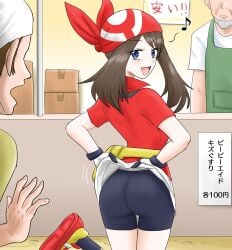 1girls 2boys ass backboob big_ass big_breasts bike_shorts blue_eyes breasts brown_hair bubble_butt busty clothes_lift come_hither female gloves harukai-i highres japanese_text large_breasts legs lifted_by_self looking_at_viewer looking_back male may_(pokemon) multiple_boys musical_note nintendo open_mouth pokemon pokemon_rse seductive seductive_look seductive_smile shirt_lift short_hair smile teasing thighs tongue translation_request voluptuous