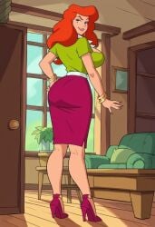 ai_generated big_breasts christmas cleavage clothed cousin_mel curvy_figure from_behind grandma_got_run_over_by_a_reindeer looking_at_viewer looking_back orange_hair rear_view shirt skirt solo