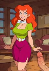 ai_generated big_breasts christmas cleavage clothed cousin_mel curvy_figure excited grandma_got_run_over_by_a_reindeer looking_at_viewer orange_hair penis shirt skirt smile solo
