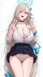 1girls absurdres asuna_(blue_archive) asuna_(school_uniform)_(blue_archive) black_choker black_skirt blonde_hair blue_archive blue_bow blue_eyes blue_nails blue_wrist_cuffs blush bow bra breasts choker cleavage collared_shirt female frilled_wrist_cuffs frills halo highres lace lace_bra large_breasts lingerie long_hair looking_at_viewer mole mole_on_breast official_alternate_costume open_clothes open_mouth open_shirt pleated_skirt school_uniform shirt single_wrist_cuff skirt solo thighs underwear very_long_hair w wanne white_shirt wrist_cuffs