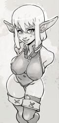 almost_naked almost_nude ankama athletic athletic_female big_breasts big_lips child_bearing_hips cra edit edited elf_ears elf_female elf_girl evangelyne freckles jjfrenchie joel_jurion looking_at_viewer looking_up monochrome nipples nipples_visible_through_clothing posing_for_the_viewer shoulders thick_thighs wakfu whore_eyes