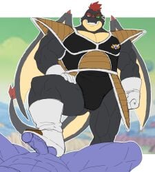 akuann anthro battle_armor body_swap dragon emmanuelin_(emmanuelin13) feet foot_fetish foot_on_penis foot_play genitals ginyu hair looking_at_another looking_at_partner male multicolored_body muscular muscular_anthro muscular_male mythological_creature mythological_scalie mythology penile penis red_hair red_spikes scalie shoe_fetish shoe_on_penis