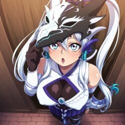 1girls ai_generated black_bodysuit blue_eyes bodysuit breasts cleavage covered_nipples erect_nipples erect_nipples_under_clothes female female_focus female_only hair_tubes helmet large_breasts looking_at_viewer solo solo_female solo_focus standing swordsoul_of_mo_ye white_hair yu-gi-oh!