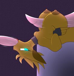 2015 4_fingers anthro areola big_breasts big_penis blue_eyes breasts canine character_request clothing collar deepthroat erect_nipples erection face_fucking faceless_male fellatio female fingerless_gloves furry gloves group group_sex hair hand_on_breast hi_res huge_breasts looking_at_viewer lying male male_penetrating mammal nipples nude on_back oral oral_penetration original original_character outercourse paizuri penetration penis r-mk sex slit_pupils straight threesome throat_fuck thrusting thrusting_into_mouth tongue tongue_out