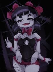 1girls black_eyes black_hair dark_background fangs female fishnets half_closed_eyes hi_res imerald_ medium_breasts monster monster_girl muffet multiple_arms ponytails red_bow red_shorts ribbon ribbons short_hair shorts smile spider_girl tagne undertale