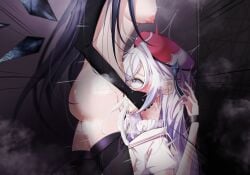 2girls absurdres arcaea black_gloves black_hair black_pantyhose cum cum_in_mouth detached_wings dress fellatio from_side futanari gloves highres hikari_(arcaea) ice_cipher multiple_girls oral pantyhose penis_awe rolling_eyes tairitsu_(arcaea) tairitsu_(tempest)_(arcaea) white_dress white_hair wings