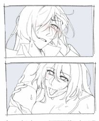 2girls acheron_(honkai:_star_rail) after_cunnilingus black_swan_(honkai:_star_rail) blush breasts charathegay cleavage commentary greyscale hashtag-only_commentary highres honkai:_star_rail honkai_(series) long_hair looking_at_another monochrome multiple_girls parted_lips pussy_juice_on_face spot_color thighhighs tongue tongue_out yuri