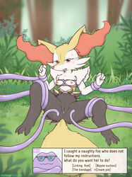 1boy 1girls 3_toes 4_fingers anthro arm_grab arms_tied ass big_ears black_fur blush bondage bound braixen breasts canine claws clenched_teeth comic crocodiler_owen detailed_background eyelashes feet female fox fur furry glasses grass hud leg_grab legs_tied looking_at_viewer nintendo nipples nude orange_fur outdoors paws pokémon_(species) pokemon pokemon_(species) pokemon_rgby pokemon_xy pussy pussy_juice red_eyes restrained slime spread_legs spreading straight sweat tail tentacle text torso_grab video_games watermark white_fur yellow_fur