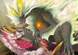 absurd_res amatsu_(mh) bodily_fluids capcom cum dragon duo elder_dragon female genital_fluids hi_res male male/female malzeno monster_hunter mythological_creature mythological_scalie mythology scalie velkhana4396
