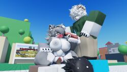 1girls 2boys 3d dark_skin feline furry goat human male/female nekomaniaa nerdy_female outside_sex roblox roblox_avatar robloxian self_upload size_difference threesome white_fur