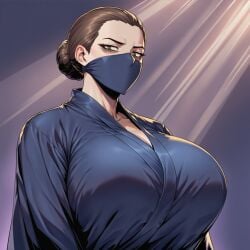 1girls ai_assisted ai_generated bags_under_eyes breasts brown_hair clothed enedia female hair_bun large_breasts mask masked_female milf novelai oc olive_eyes raiderofcause robe solo stern tired tired_eyes