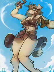 3:4 anthro beach big_breasts blonde_hair blush breasts canid canine canis clothed clothing crop_top domestic_dog female fur genitals hair heterochromia hi_res keuejay male mammal marta_moran partially_clothed pussy seaside shirt simple_background sky solo tail topwear towel vulva white_body white_fur