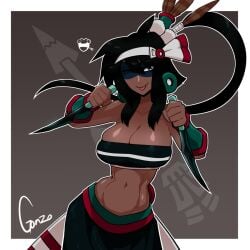 ahoge aztec bandana bare_shoulders belly_button big_breasts black_hair black_skirt breasts citlalmina cleavage codex_black dark-skinned_female dark_skin earrings exposed_midriff face_paint fanart feathers fighting_stance gonzo_(artist) hands_up headband holding_weapon huge_breasts knives long_ponytail mayan mischievous_smile playful ponytail signature simple_background skirt smiling smiling_at_viewer solo_female squished_breasts teasing thief tongue_out tribal tribal_jewelry tube_top tubetop white_outline wide_hips wink winking_at_viewer